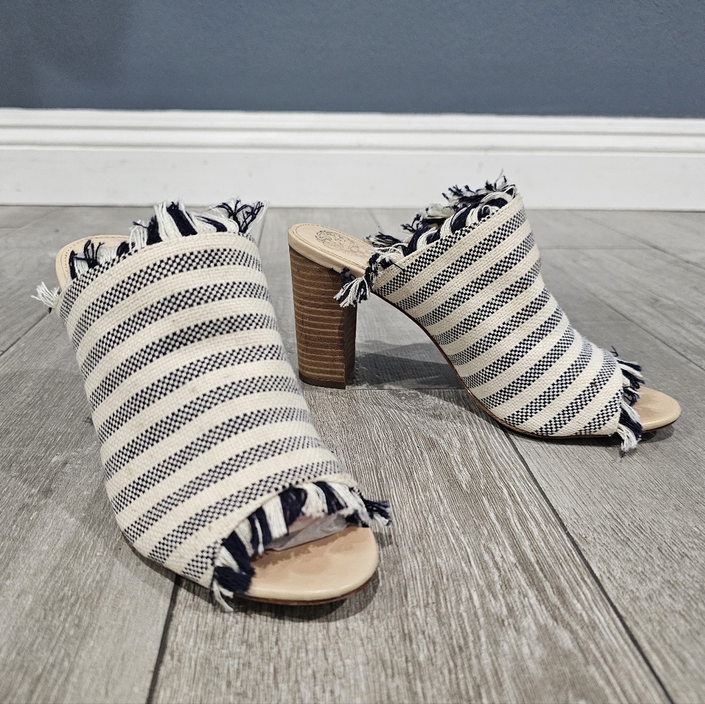 VINCE CAMUTO Navy Cream Striped Canvas Fringe Peep Toe Mules Heels 6.5M